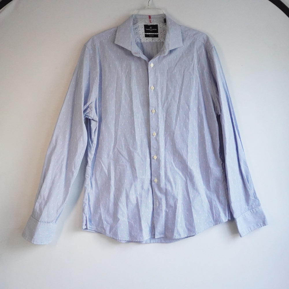 Simon Carter London‎ Mens Slim Fit Blue White Striped Cotton Shirt Size 17 43cm